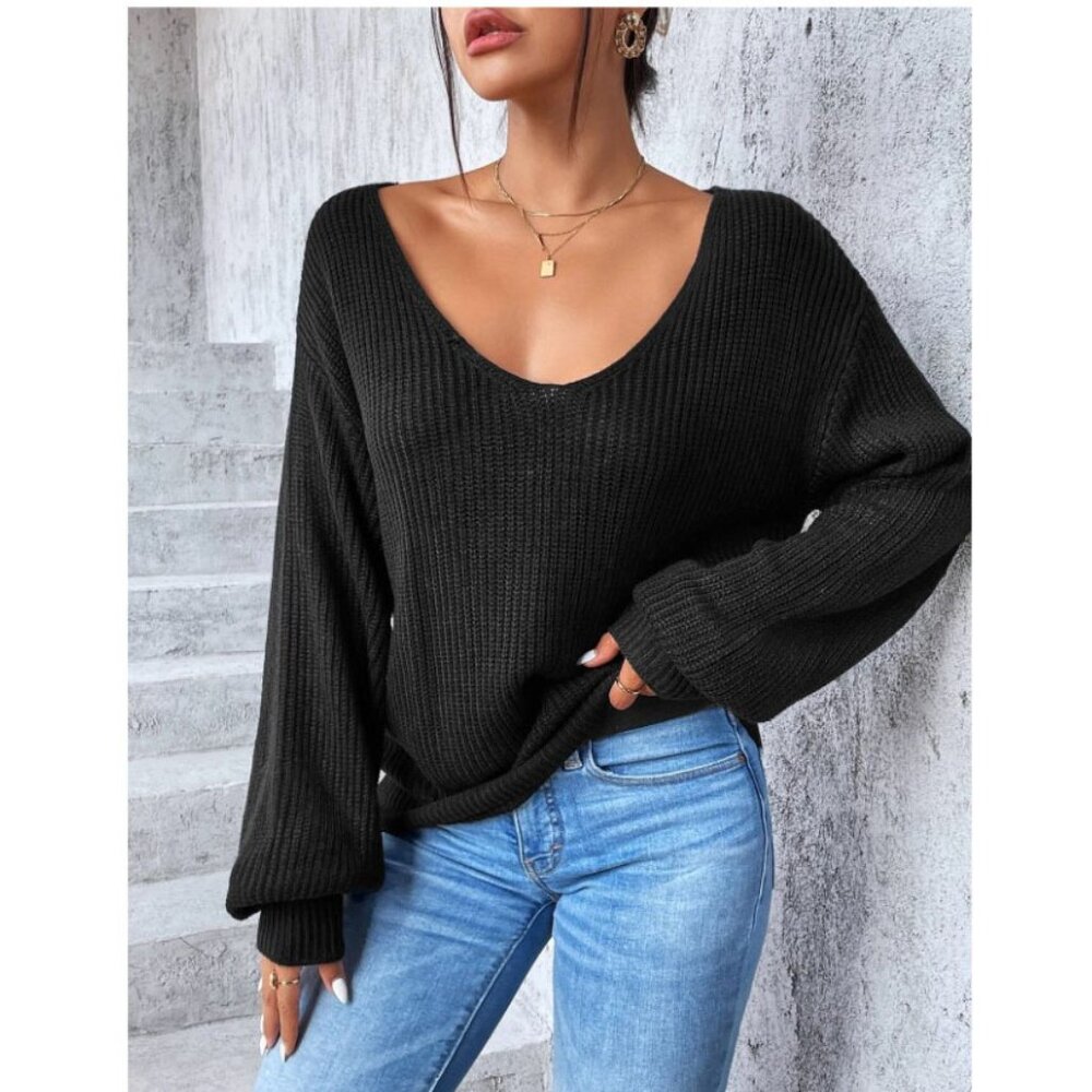 Black Open Back Gold Chain Knit Sweater | Size L - Picture 2 of 10